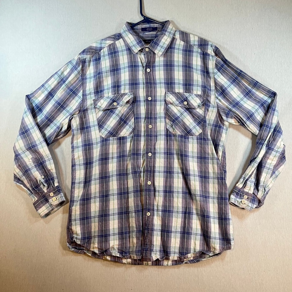 Alan Flusser Shirt Mens Large 100% Linen Plaid Button Down Blue Purple Green